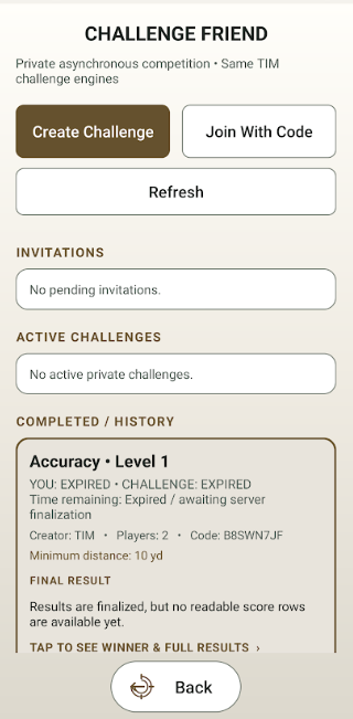 RMS Challenge Friend screen showing private challenge creation, invitations and history