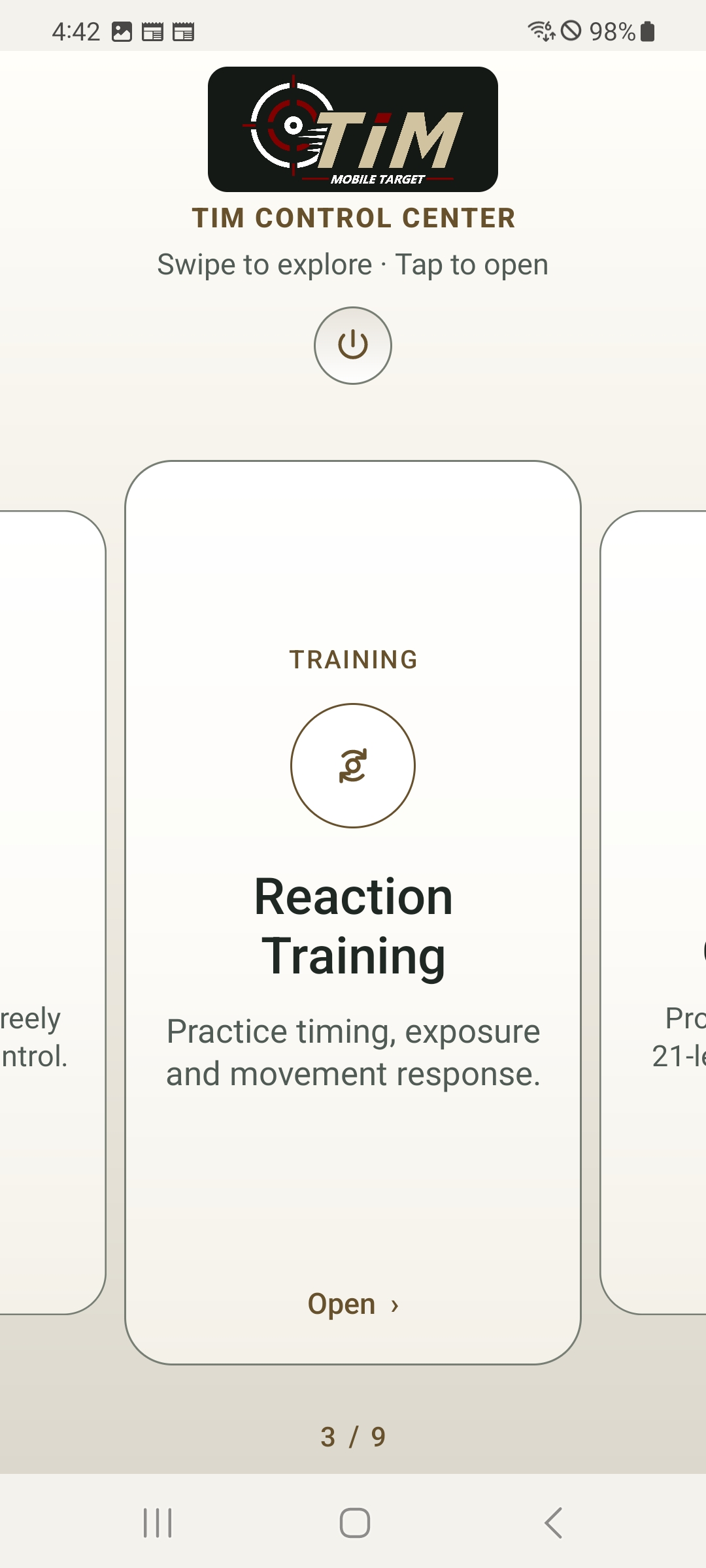 Reaction training home screen